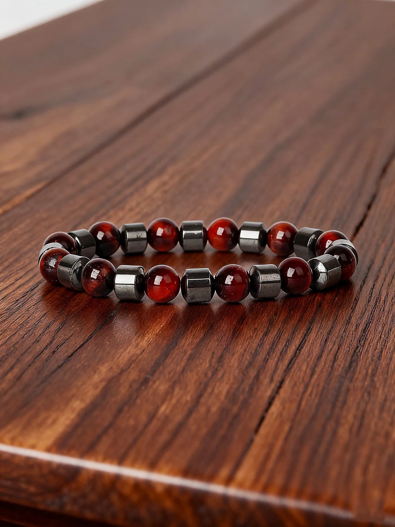 Hematite & Red Tiger's Eye Bracelet Men Natural Stone Cylinder Bead for Energy Protection Reiki Charm Courage Jewelry Women Gift