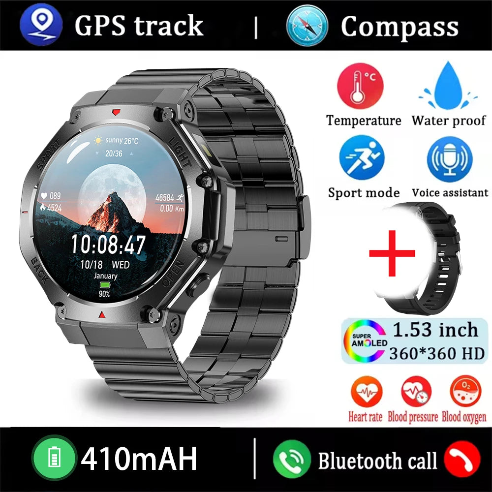 2025 New Men Sports Smart Watch GPS AMOLED Heart Rate Monitoring LED Flashlight NFC Bluetooth Call 3ATM Waterproof Smartwatches