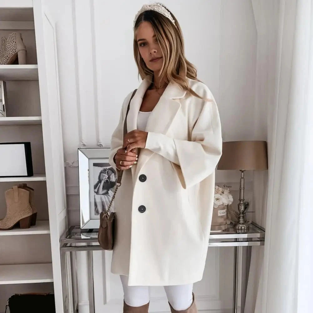 Fall Winter Women's Jacket 3/4 Long Sleeve Button Lapel Pocket Woolen Warm Jacket Coat Solid Color Thermal Fitted Cardigan Coat - AMULET RING STORE