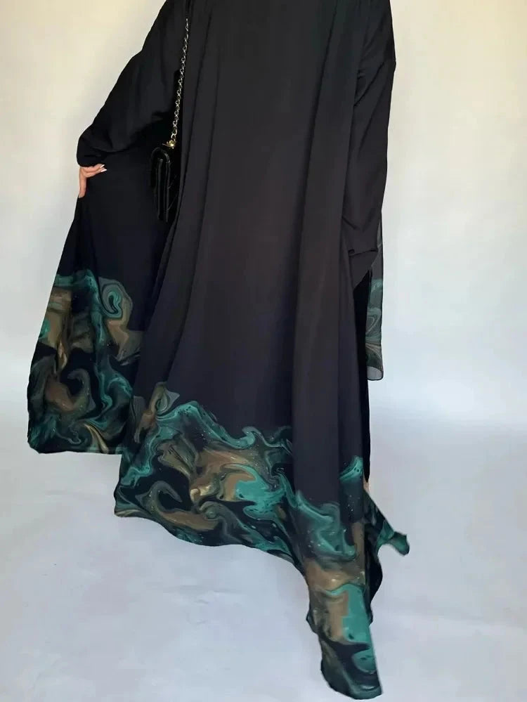 Middle Eastern Loose Open Front Abaya Muslim Women Full Sleeve Printed Abayas Turkey Kaftans Jilbabs Islamic Maxi Dresses - AMULET RING STORE