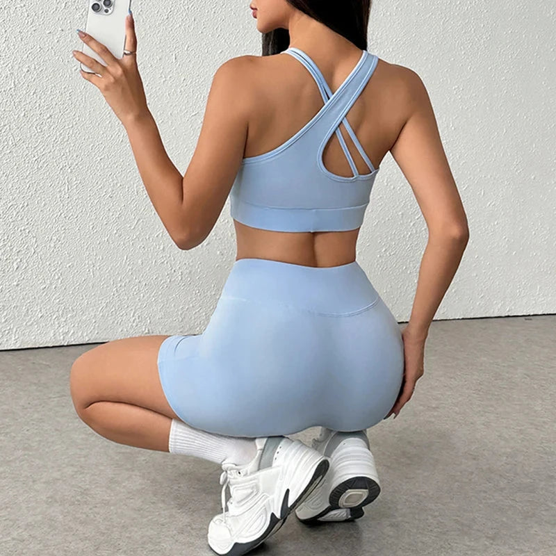 AODEBIAO Sports Fitness Women 2 Piece Set Summer O-Neck Sleeveless Camis And Shorts Slim Yoga Crop Top Pants Two Piece Set Lady