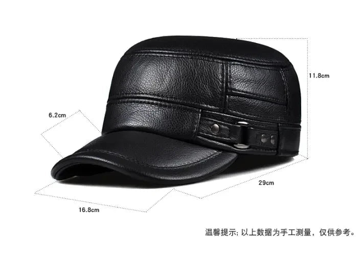 Winter Genuine Leather Cap Men's Flat Caps Military Hat Elegant Man Baseball Cap British Vintage Cowhide Ear Warm Hat - AMULET RING STORE