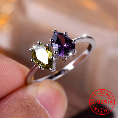 Female Real 925 Sterling Silver Peridot Amethyst Water Drop Engagement Ring Solitaire Vintage Wedding Jewelry For Women