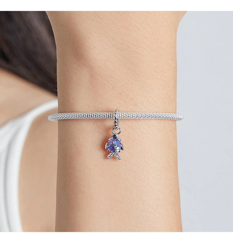 BISAER 925 Sterling Silver Charm Ocean Style Fish Dolphin Mermaid Shell Blue CZ Bead For Necklace&Bracelet DIY Fine Jewelry Gift - AMULET RING STORE