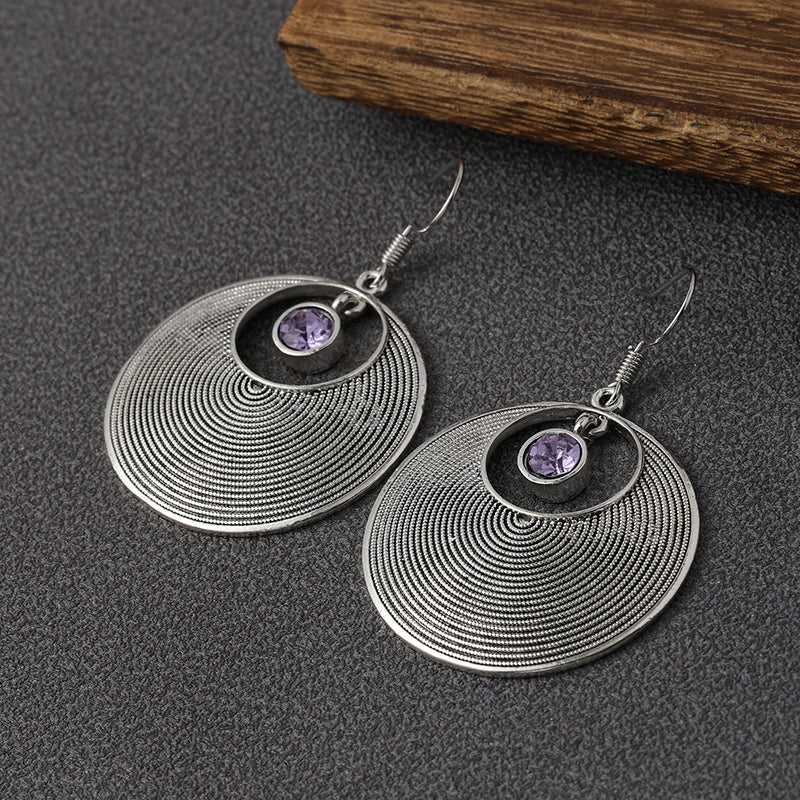Vintage Style Big Round Shape Drop Earrings Inlaid Shiny Synthetic Gems Boho Style Hook Earrings