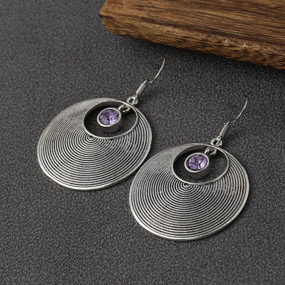 Vintage Style Big Round Shape Drop Earrings Inlaid Shiny Synthetic Gems Boho Style Hook Earrings