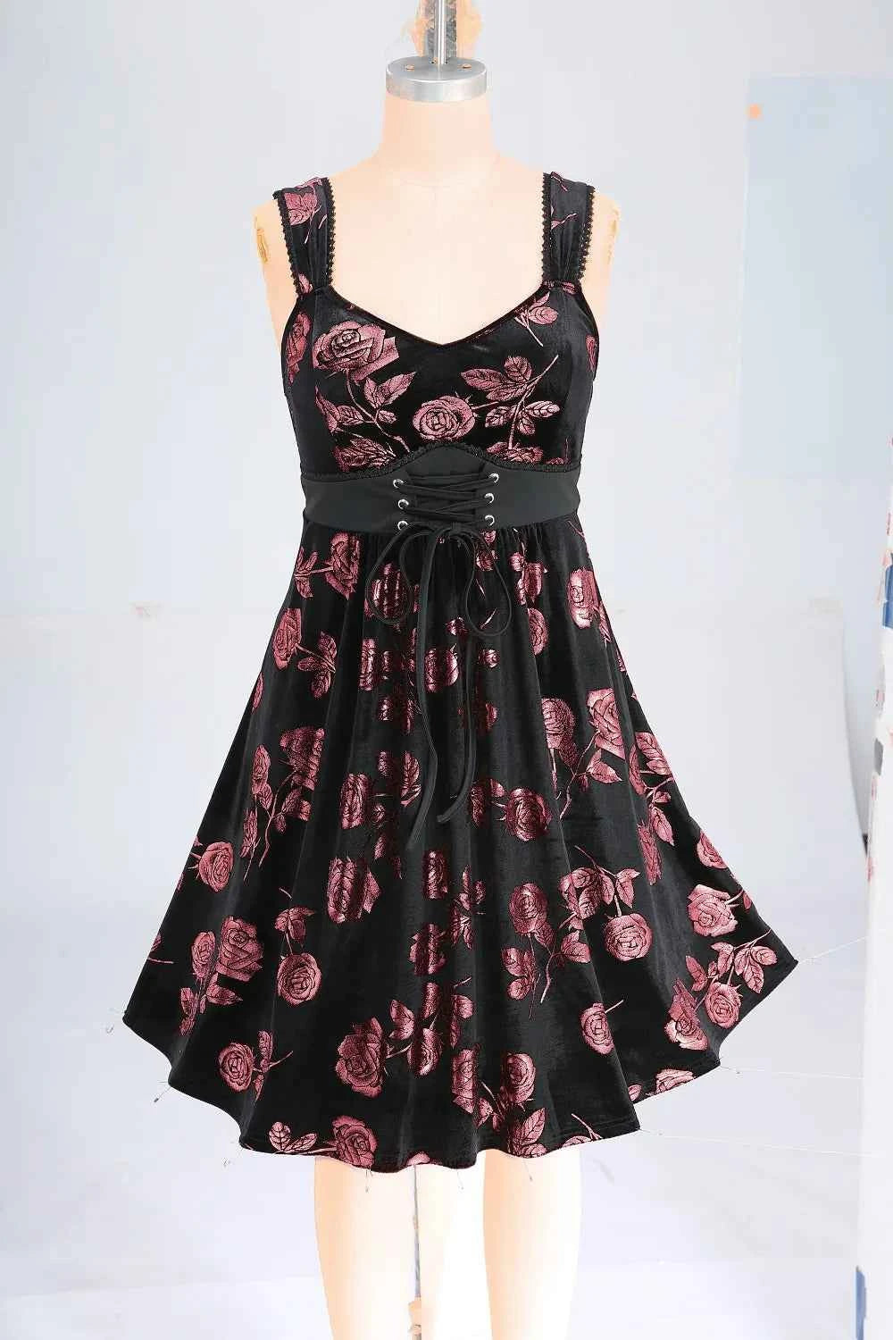 ROSEGAL Plus Size Gilding Rose Lace Up Velvet Sleeveless Swing Dress Women Summer Casual Knee-Length Dress Vestidos With Pocket