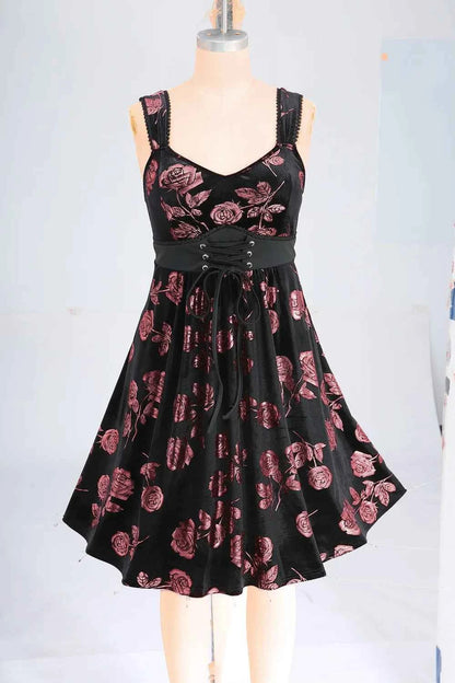 ROSEGAL Plus Size Gilding Rose Lace Up Velvet Sleeveless Swing Dress Women Summer Casual Knee-Length Dress Vestidos With Pocket