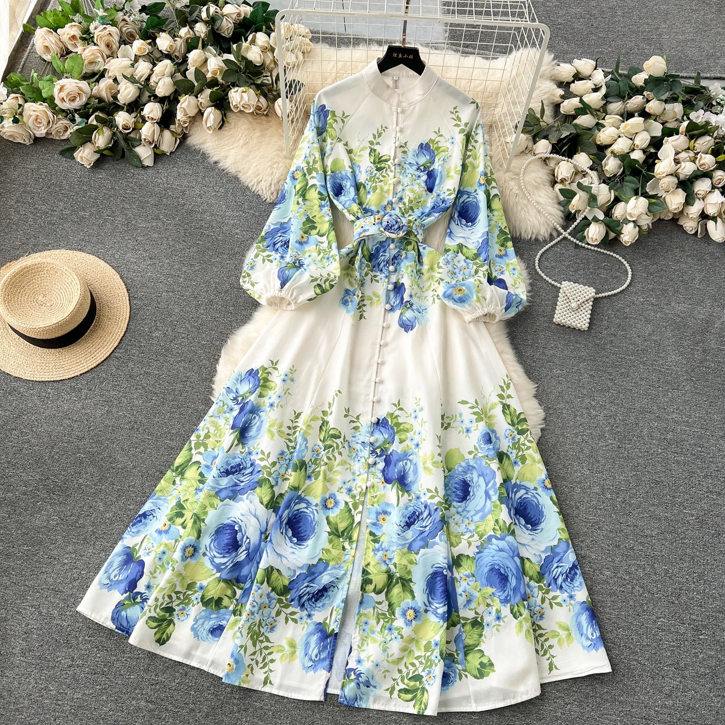 Elegant Gorgeous Floral Bohemian Dress Spring Women Stand Long Lantern Sleeve Floral Print Belt Linen Long Vestidos Clothes 6235