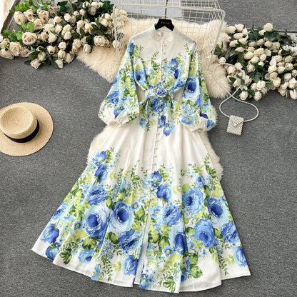 Elegant Gorgeous Floral Bohemian Dress Spring Women Stand Long Lantern Sleeve Floral Print Belt Linen Long Vestidos Clothes 6235
