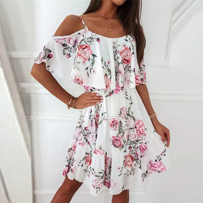 Woman Floral Print Dress Summer Spaghetti Strap Off Shoulder Sleeveless Dresses Holiday A-Line Mesh Fabric Party Dress Vestidos - AMULET RING STORE