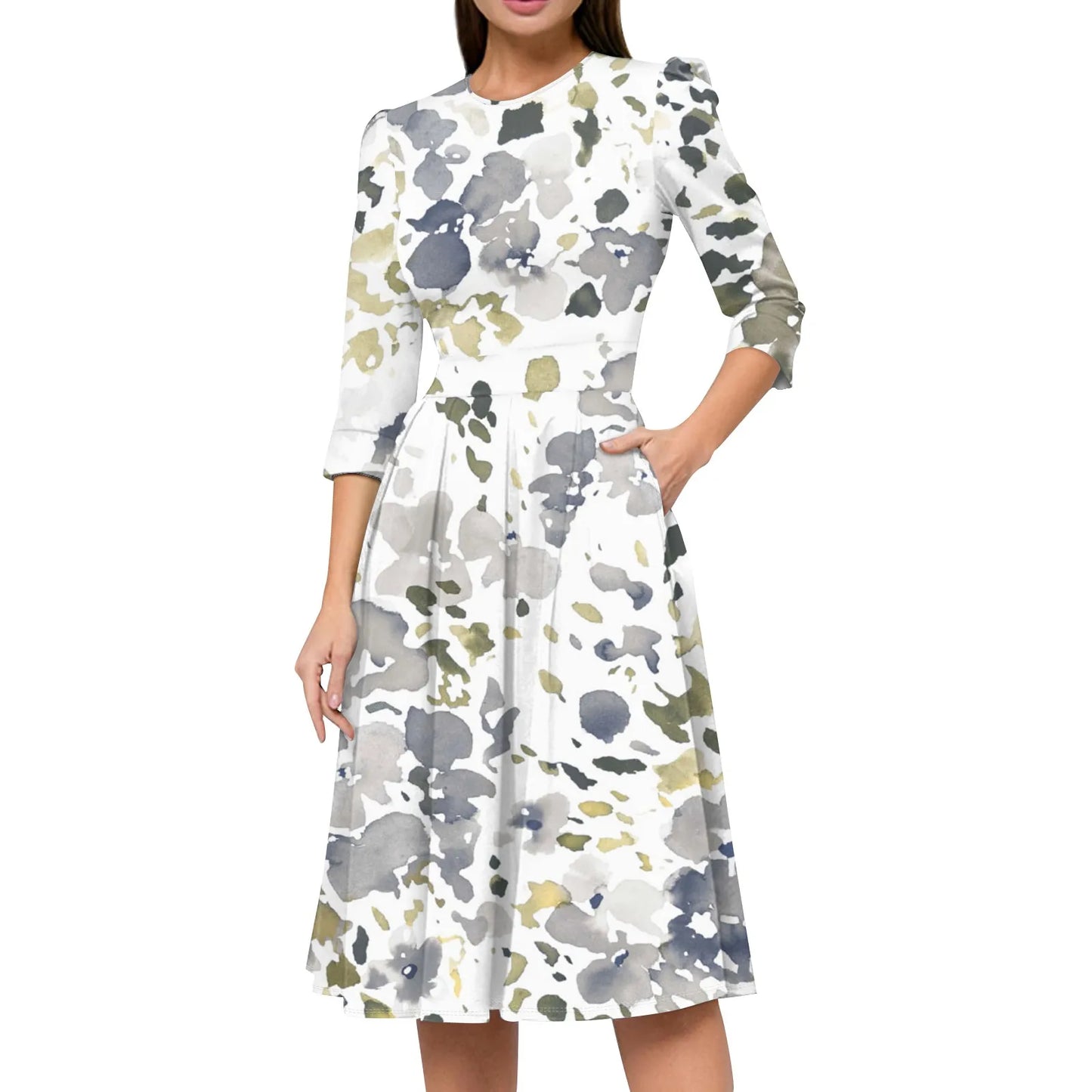 Traf Women 2025 Women'S Casual And Fashionable 3/4 Sleeve Pocket With Back Zipper Dress