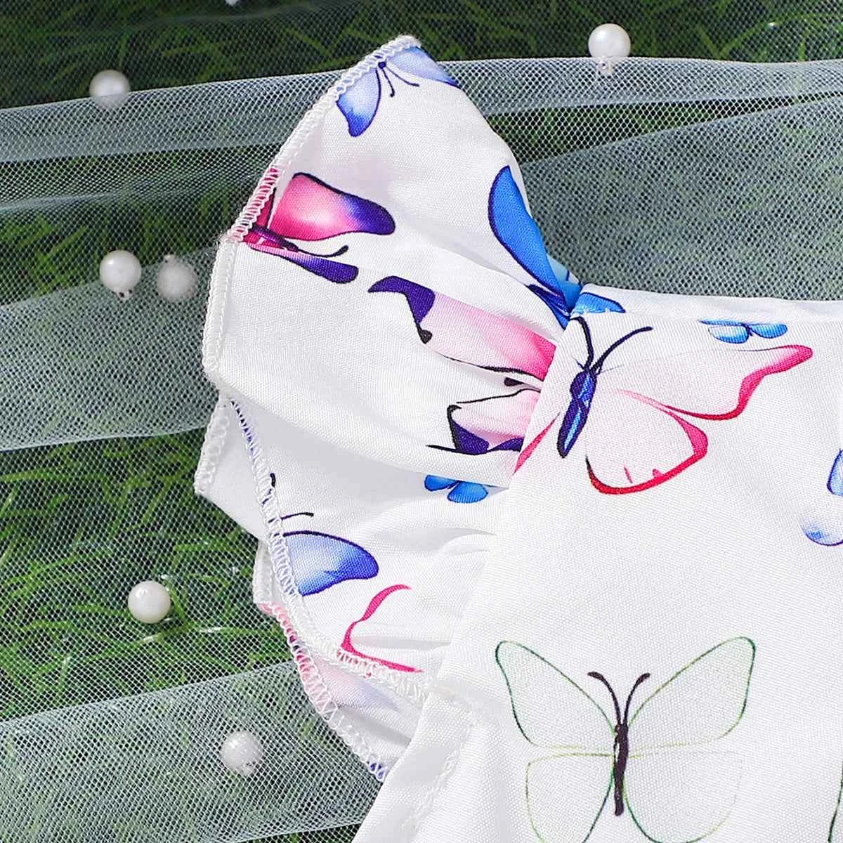 Girls Butterfly Print Dress Set with Flying Sleeves Pink Belt Waist Cinch Matching Hat Ensemble for Children's Clothing