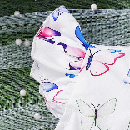 Girls Butterfly Print Dress Set with Flying Sleeves Pink Belt Waist Cinch Matching Hat Ensemble for Children's Clothing