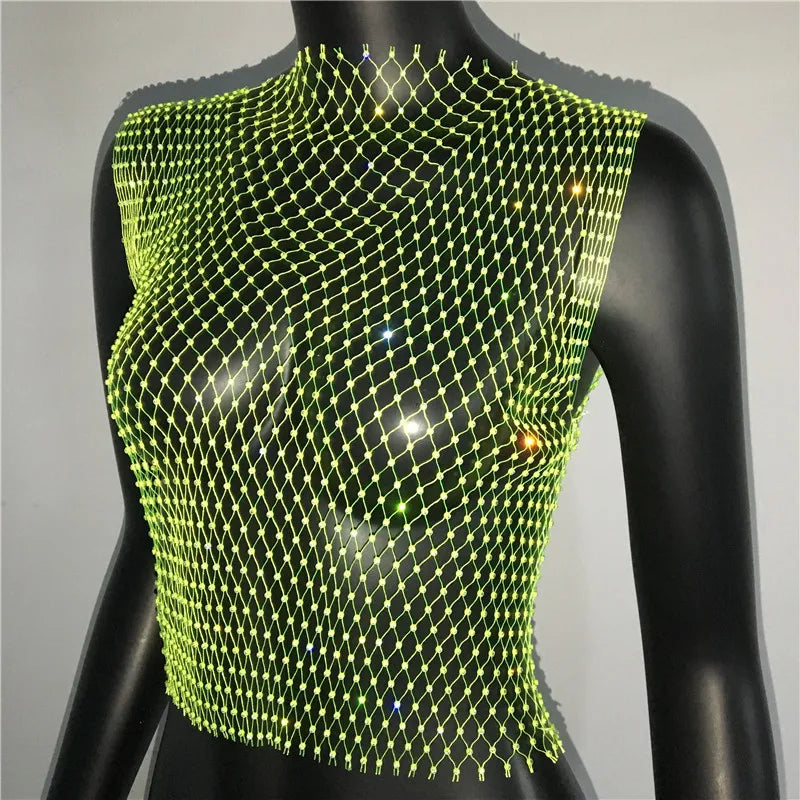 Women's Fishnet Rhinestone Crop Top 2024 Summer Sexy Mesh High Elastic Black White Shirt Net See Through Rave Diamond Tank Top - AMULET RING STORE