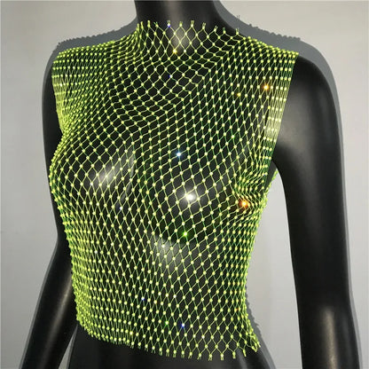 Women's Fishnet Rhinestone Crop Top 2024 Summer Sexy Mesh High Elastic Black White Shirt Net See Through Rave Diamond Tank Top - AMULET RING STORE