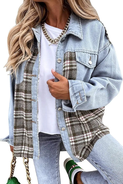 Autumn and Winter Long Sleeved Plaid Color Block Shaking Button Shirt Collar Denim Jacket for Women - AMULET RING STORE