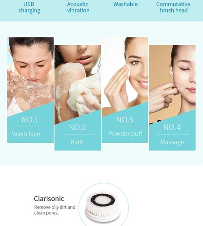 4 in 1 Electric Ultrasonic Facial Cleansing Brush Deep Cleansing Facial Brush Acne Pore Cleaner Blackhead Removal Cleaning Care