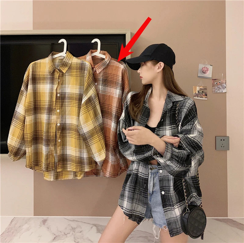 Plaid Shirt Women Spring Long Sleeve Top Female Vintage OL Fashion Single Breasted Blouse Ladies Preppy Style Loose Check Shirts