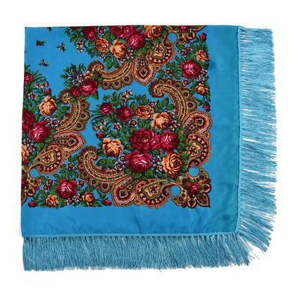 Russian Scarf Head Wrap for Women Luxury Ukrainian Manila Shawls Folk Cotton 160cm National Shawl Floral Print Travel Bandana - AMULET RING STORE