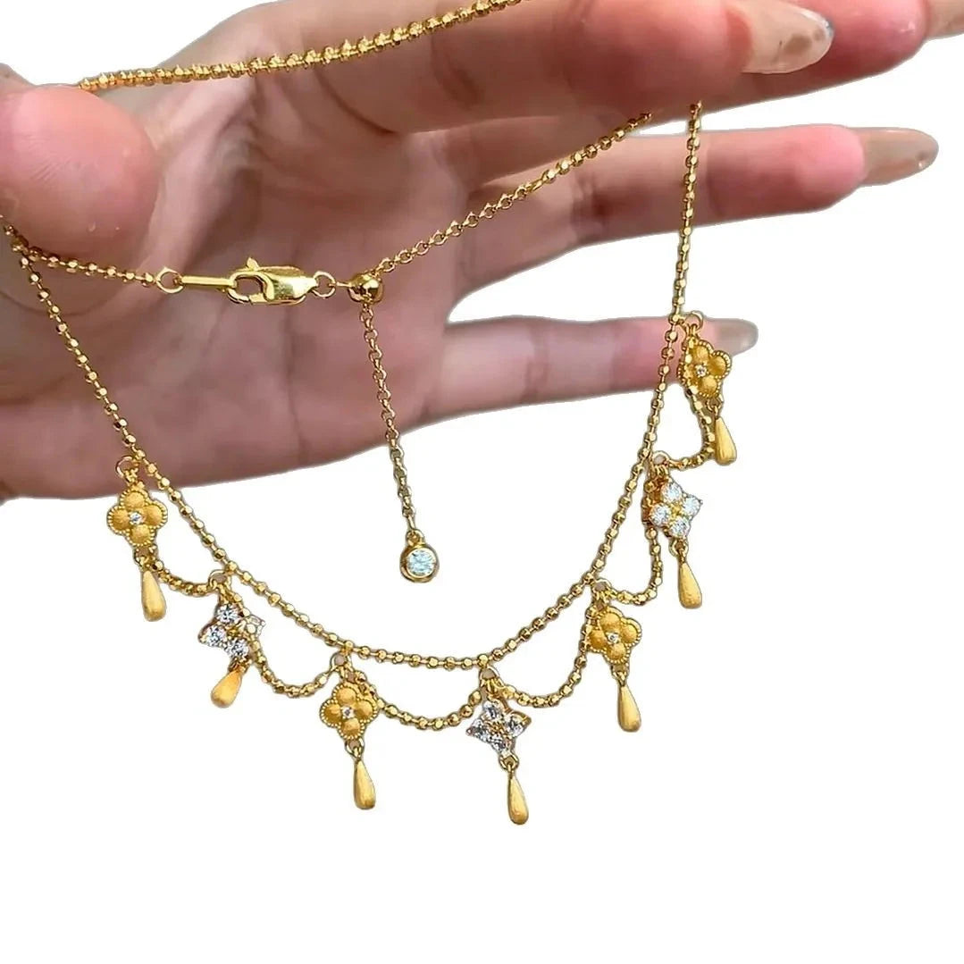 999 24K real gold water drop fringed four-leaf clover necklace for women diamond retro princess brushed clavicle chain for women - AMULET RING STORE