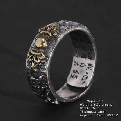 Vintage Pure Silver 999 Six Words Heart Sutra Ring Men's Adjustable Golden Pixiu Vajra Buddhist Religious Fine Jewelry