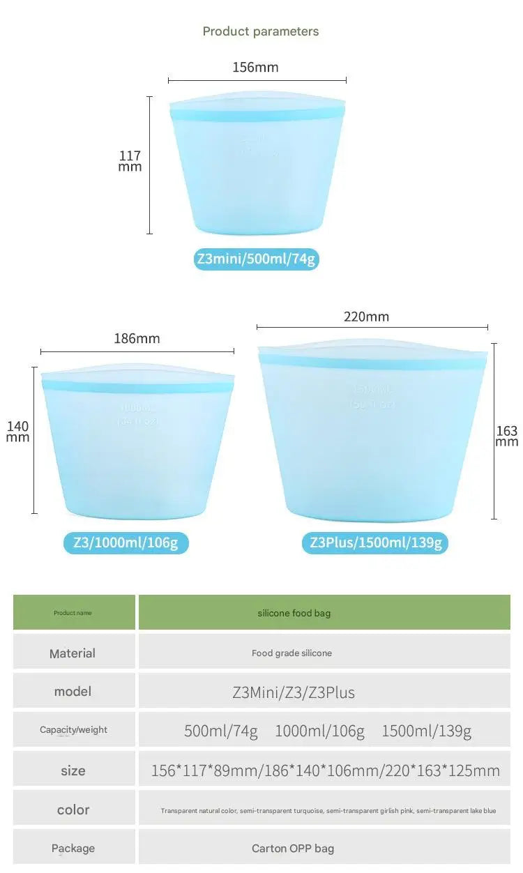 1/3/4Pcs/Pack Silicone Storage Bag,Reusable Food Grade Fresh-keeping Zipper Bags,BPA Free,Leakproof,Microwave&Dishwasher Safe - AMULET RING STORE