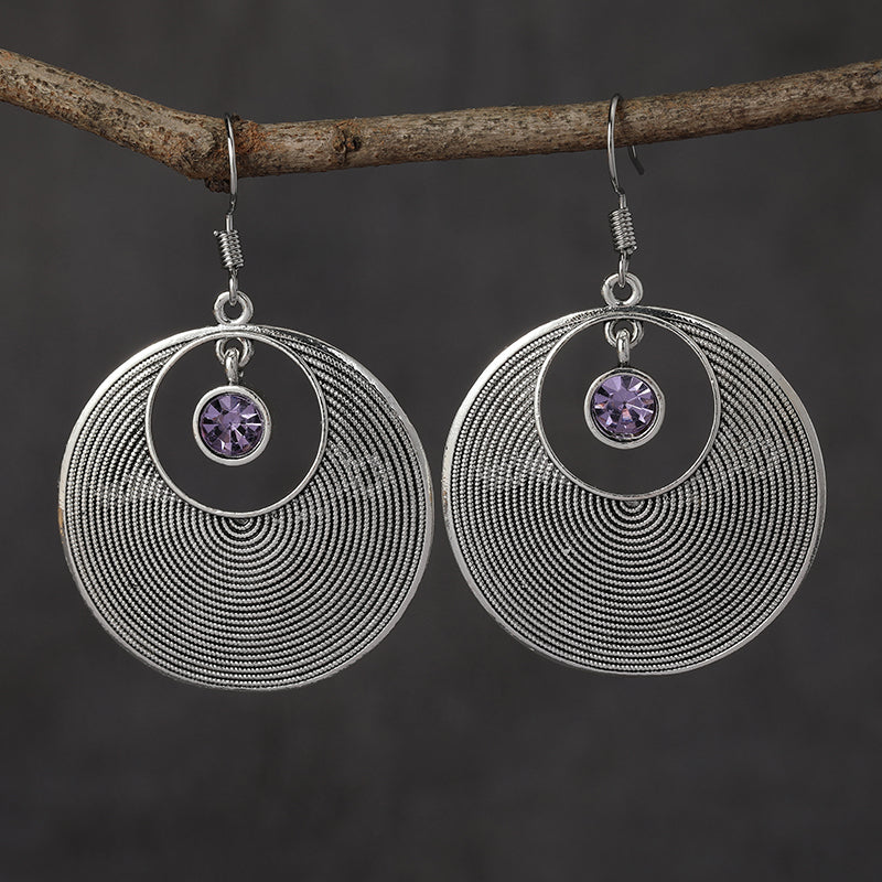 Vintage Style Big Round Shape Drop Earrings Inlaid Shiny Synthetic Gems Boho Style Hook Earrings