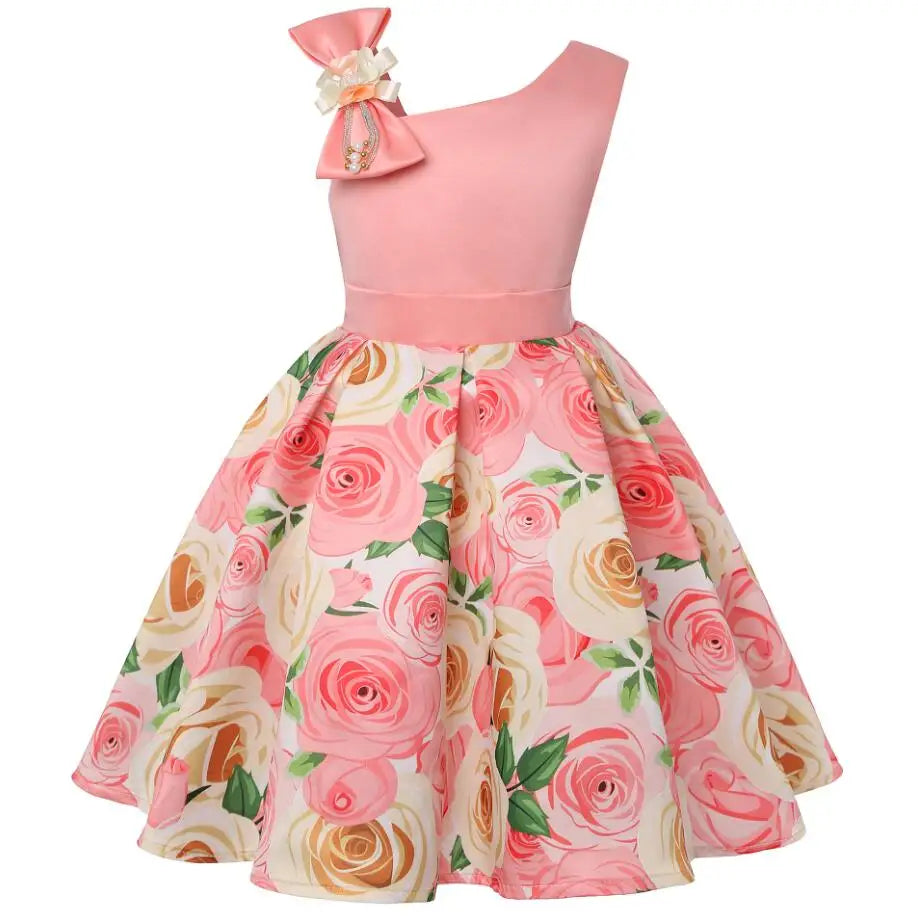 Summer Girls Rose Print Dress Princess Wedding Birthday Party Frocks Satin Children Vestidos Dresses For Girl Christmas Clothing