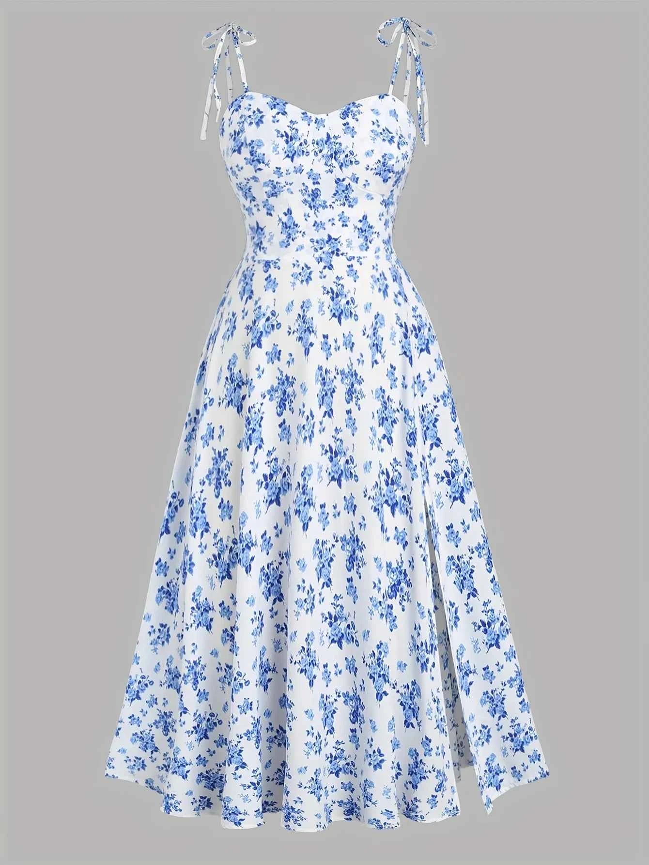 2024 European and American fashion plus size women's new flower print A-line skirt bow tie slit dress