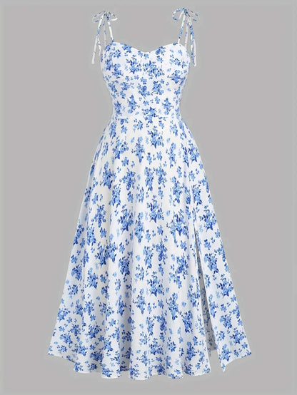 2024 European and American fashion plus size women's new flower print A-line skirt bow tie slit dress