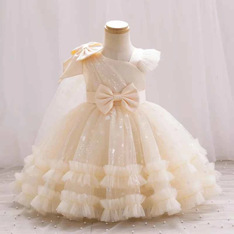 New Single Shoulder Bow Girl's Princess Dress Children's Day Performance Evening Dress Birthday Party Girl's Baby Dress