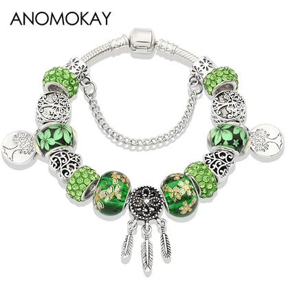Antique Tibetan Silver Tree of Life Charm Bracelets Green Crystal Flower Bead Bracelet with Heart Diy Jewelry Pulsera Mujer