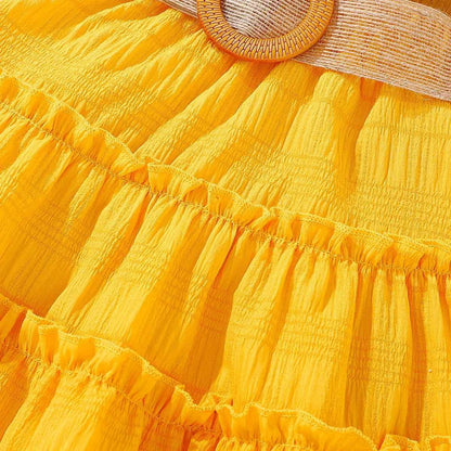 Girls Summer Sunflower Outfit with Shoulder Bared Bubble Sleeve Top And Flounce Hem Short Skirt Two Piece Set