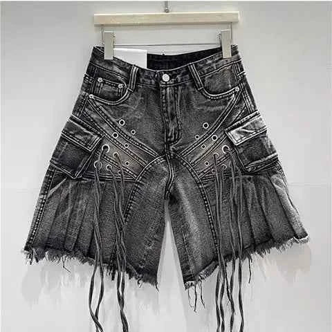 Streetwear American Vintage Heavy Industry Washed Holes and Burrs Denim Shorts Y2 Gothic Old Multi-pocket Casual Joker Pants