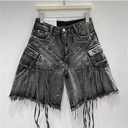 Streetwear American Vintage Heavy Industry Washed Holes and Burrs Denim Shorts Y2 Gothic Old Multi-pocket Casual Joker Pants