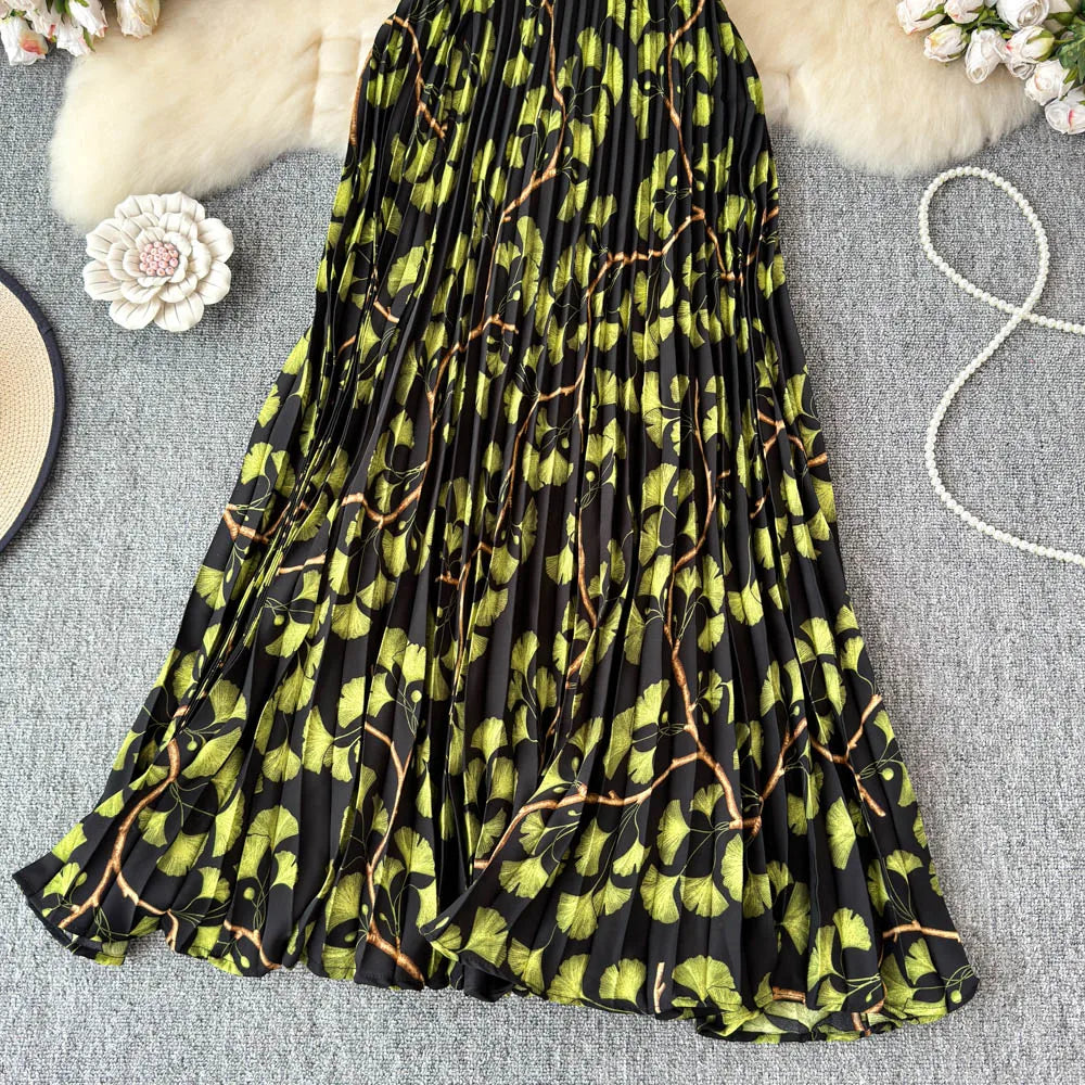 Chiffon A-Line Midi Skirt Women's Autumn 2025 New Sle Cover Hip Draped Large Swing Umbrella Skirt Pleated Floral Skirt