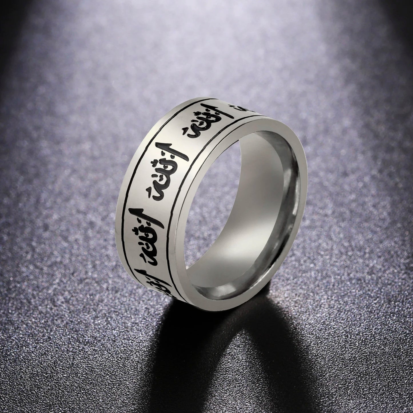 Jeshayuan Quran Rings Muslim Islamic Halal Ring Arabic God Stainless Steel 8mm Wide Religious Allah Ring For Men