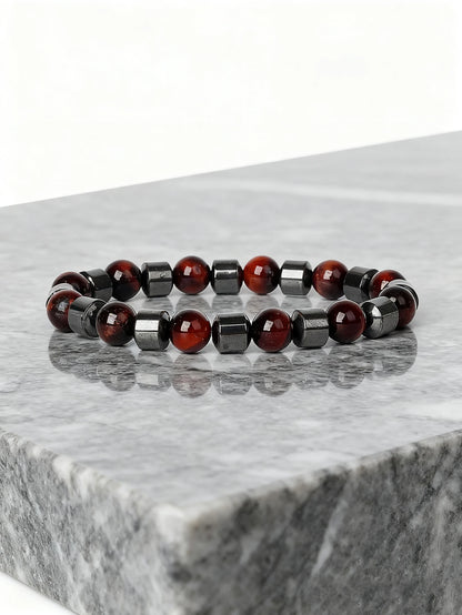 Hematite & Red Tiger's Eye Bracelet Men Natural Stone Cylinder Bead for Energy Protection Reiki Charm Courage Jewelry Women Gift