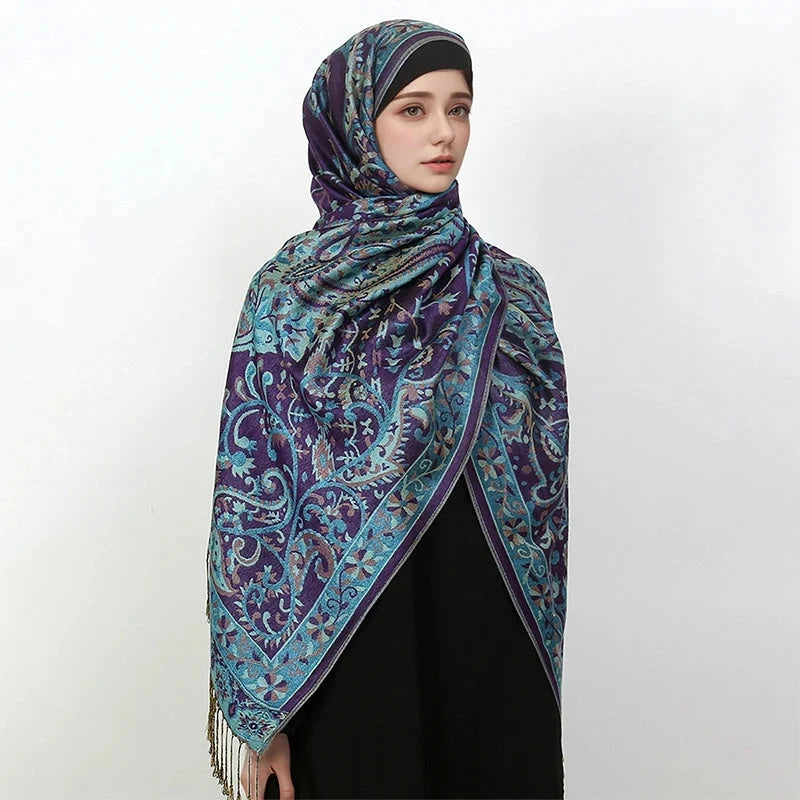 Luxury Pashimina Embroidery Muslim Hijab for Women Winter scarf Pareo Cape Warm Chunky Heaqdscarf Blue Lady Elegant Poncho - AMULET RING STORE