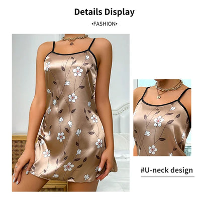 Women's Sleepdress Satin Floral Print Nightdress Comfortable Spaghetti Strap Sleepwear Dress Luxurious Satin Slip Nightdress - AMULET RING STORE