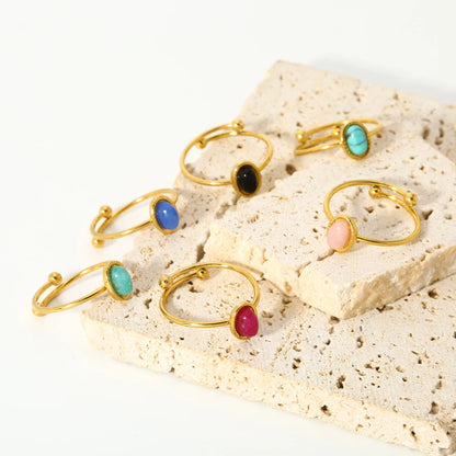 Stainless steel 18k Gold plated Minimalist ring Natural stone Obsidian Adjustable Stackable ring for Women