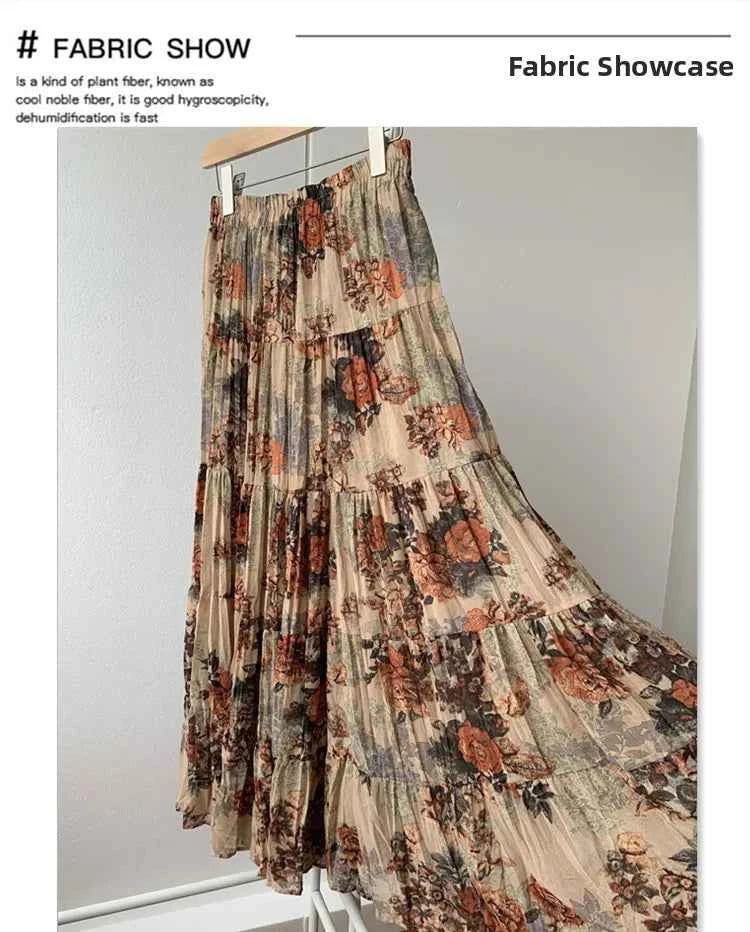 Retro Floral Pleated to Ankle f Skirt Women's Draped High Waist Midi A-Line Skirt Polyester Fiber Spring Season