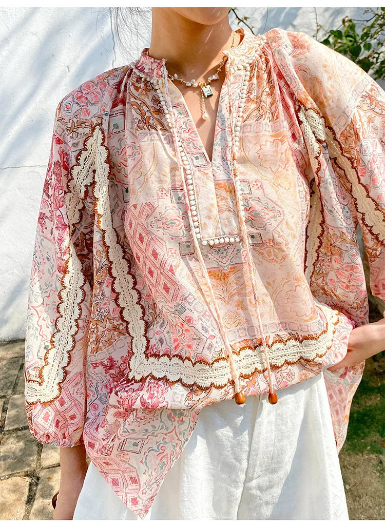 Boho Flrench Chic Floral Blouse Shirt Printed Summer Loose Lace Hollow Out Sexy Ladies Vocation Women Long Sleeve Top Shirts New