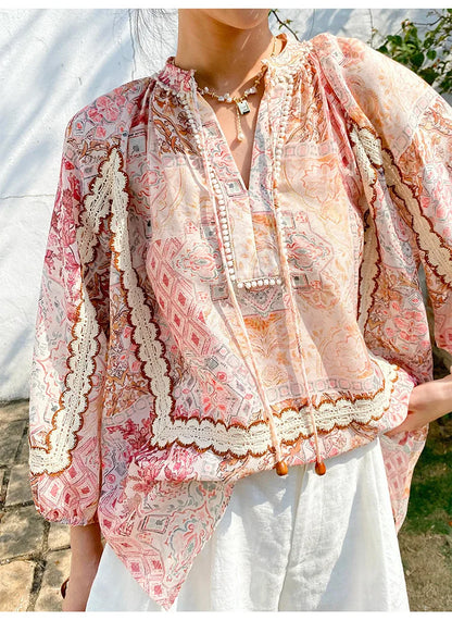 Boho Flrench Chic Floral Blouse Shirt Printed Summer Loose Lace Hollow Out Sexy Ladies Vocation Women Long Sleeve Top Shirts New