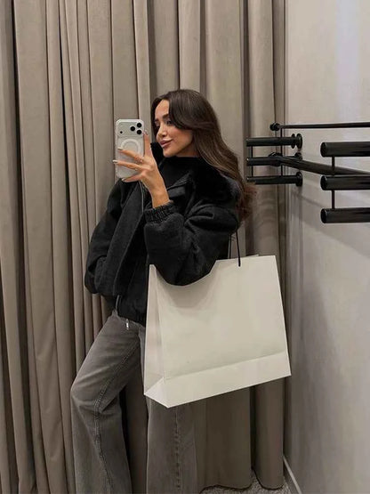 Solid Twill Denim Jacket Women Chic Patchwork Fur Collar Lapel Full Sleeve Zipper Pockets Loose Coat Lady Commute Street Wear