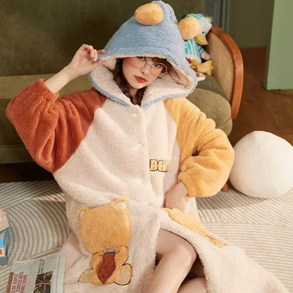 2024 Winter Pajamas For Women Cartoon Hooded Long Robe Strawberry Jacket Cute Home Wear Sleepwear Kawaii Flannel Warm Bathrobe - AMULET RING STORE