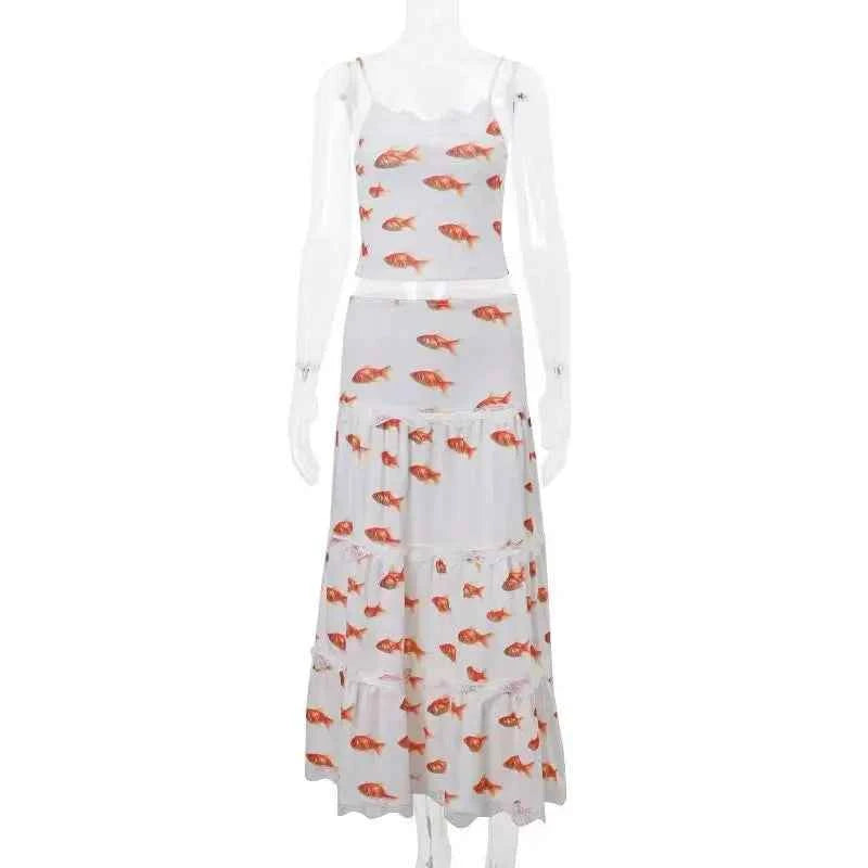 Korejpaa Spicy Girl Vintage Skirts Y2K Clothes Cute Goldfish Printed Midi Skirt Women High Waist Lace Splicing Cake Kawaii Skirt