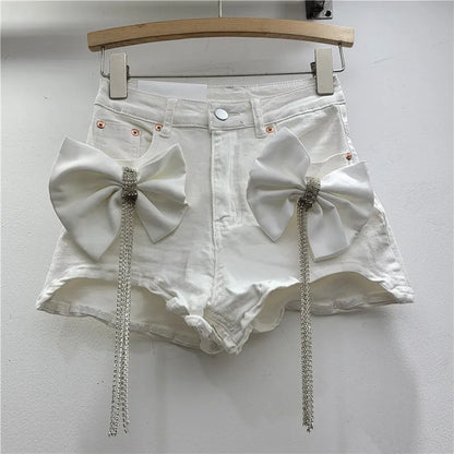 WTHT Trendy Women's Spliced 3D Bows Diamonds Tassel Denim Shorts 2025 Summer Trendy High Waist Hot Pants Female 1LS1367