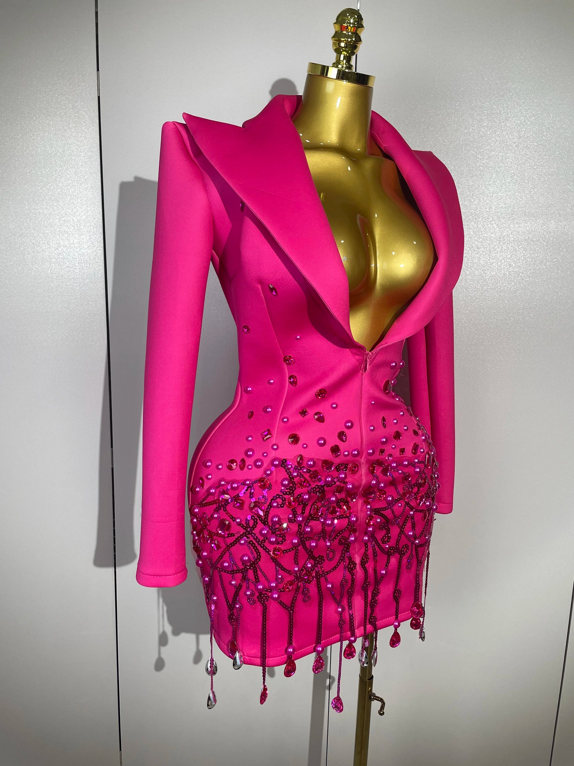 Sparkly Crystal Chains Pearls Long Sleeve Mini Dress 2025 Women Birthday Evening Party Nightclub Outfit Singer Wedding Costume - AMULET RING STORE